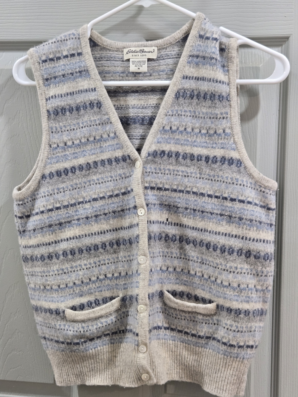 Vintage 100% Lambswool Eddie Bauer Blue & Cream Knit Button-Up Vest